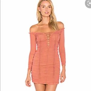 Majorelle blush dress.  Off shoulders with lace up bust.